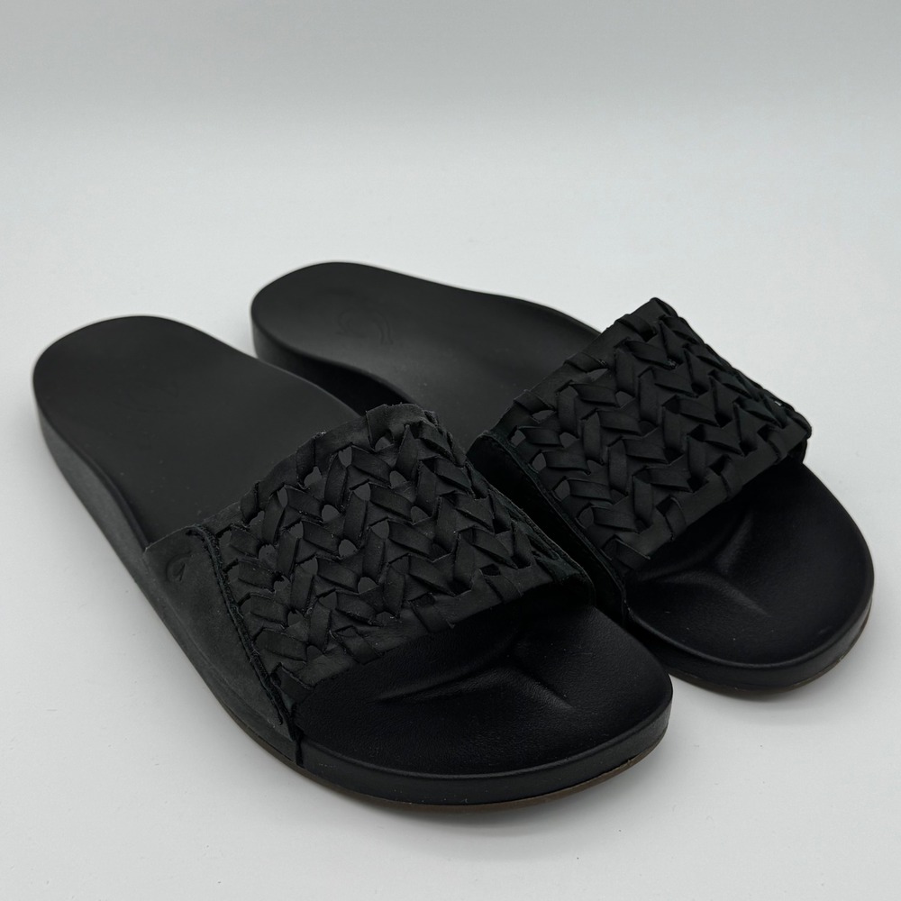 OluKai Kamola Slide Black Woven Leather Slide Sandals W Casual Beach Footwear